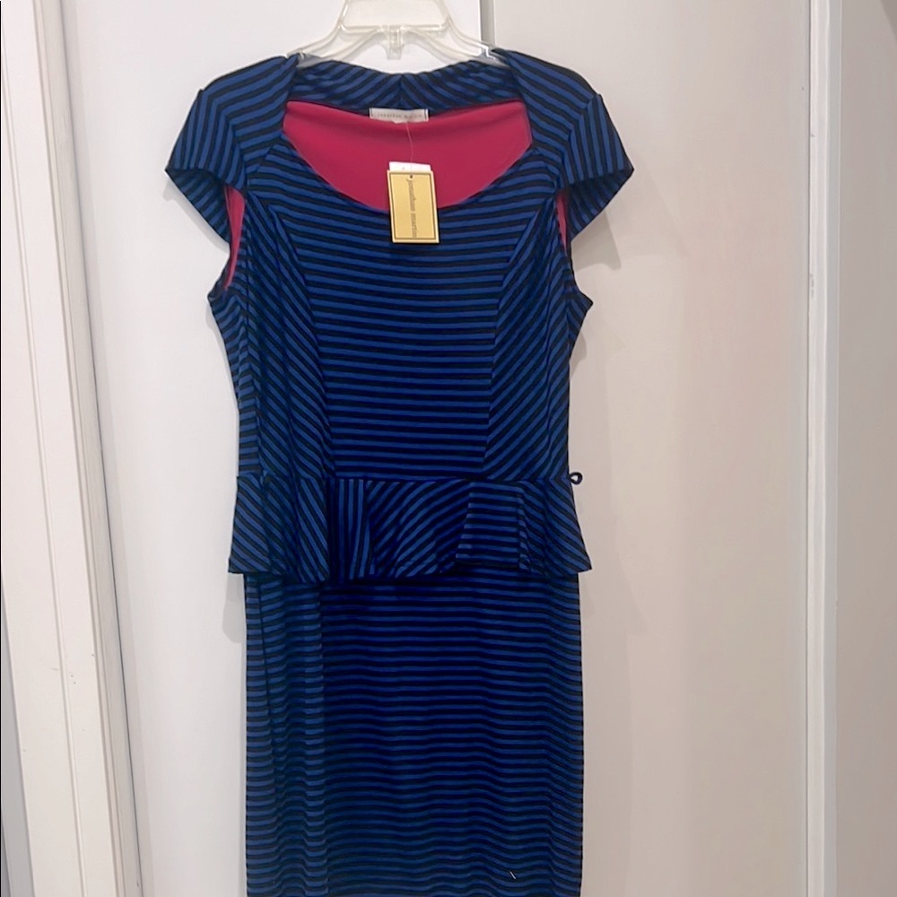Blue and White Peplum Midi Dress with Flutter Sleeves